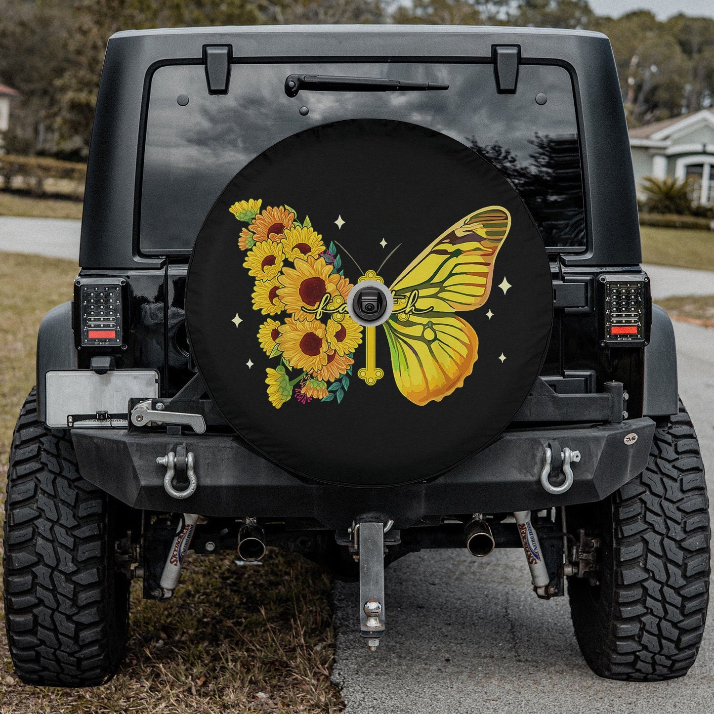 Sunflower Butterfly Jesus God Christian Faith Cross Patriot Spare Tire Cover - Bible Verse Tire Cover