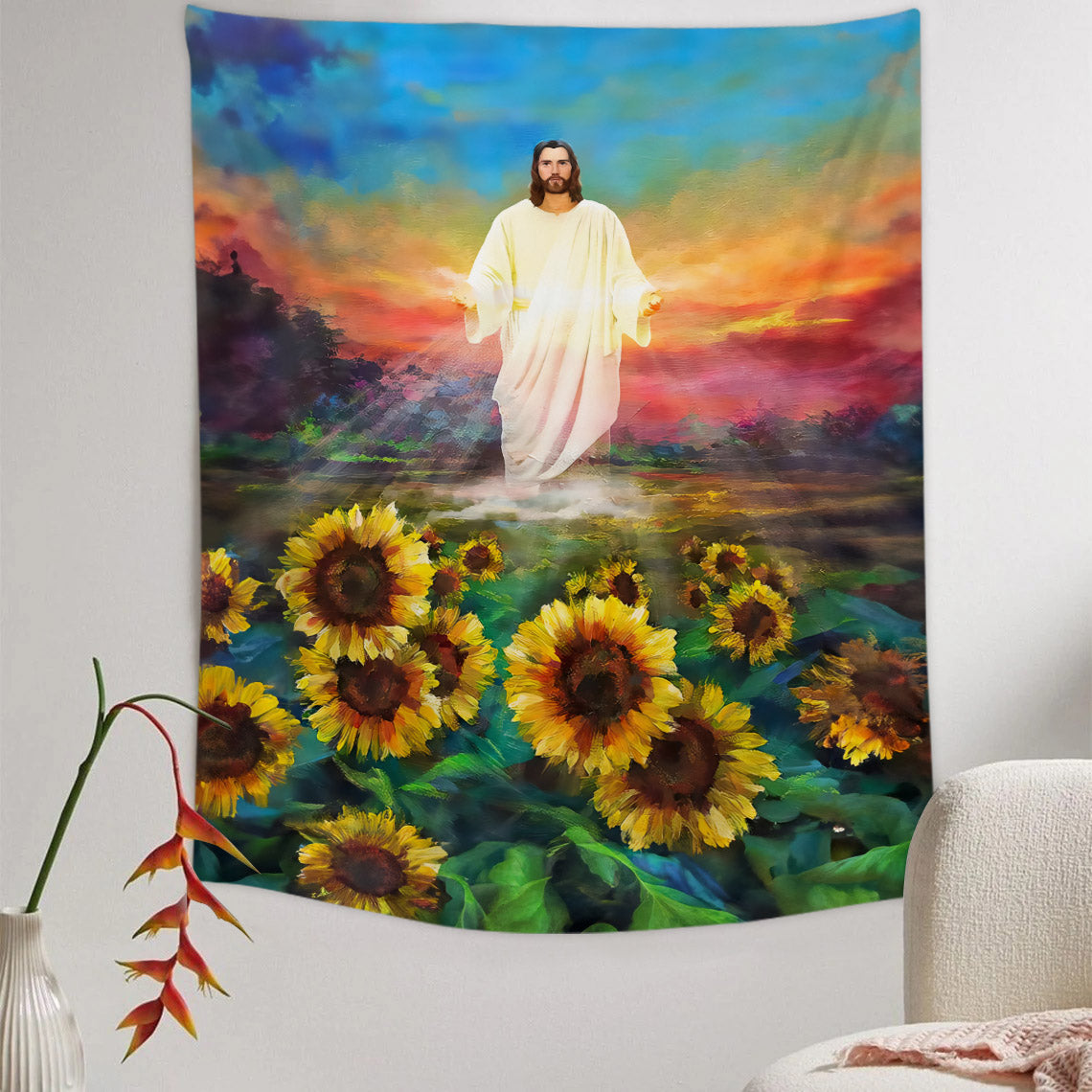 Sunflower Jesus Tapestry - Christian Tapestry - Bible Verse Tapestry