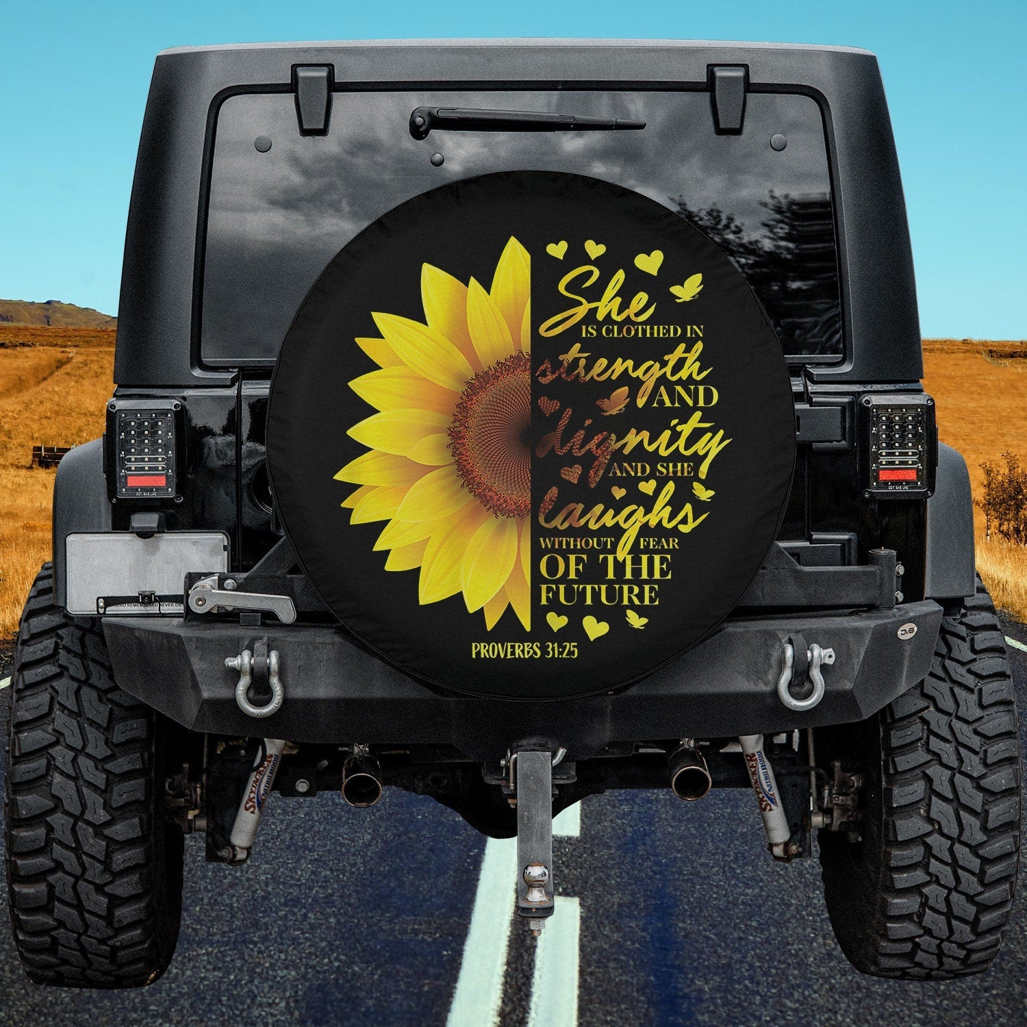 Sunflower She is clothed in strength and dignuty Tire Cover - Bible Verse Tire Cover