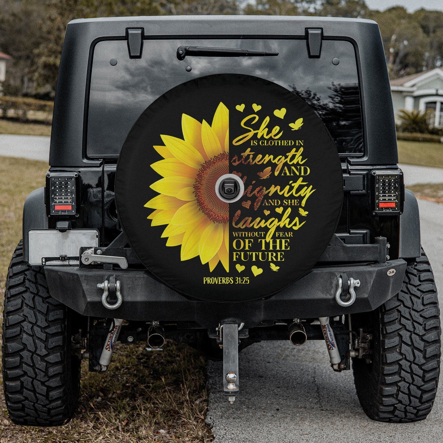 Sunflower She is clothed in strength and dignuty Tire Cover - Bible Verse Tire Cover