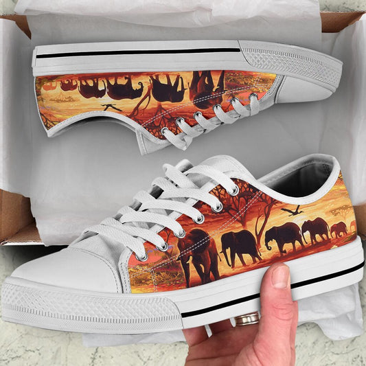 Sunset Elephants Painting Low Top Shoes, Animal Print Canvas Shoes, Print On Canvas Shoes