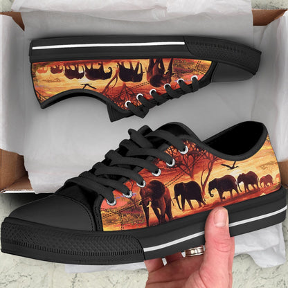 Sunset Elephants Painting Low Top Shoes, Animal Print Canvas Shoes, Print On Canvas Shoes