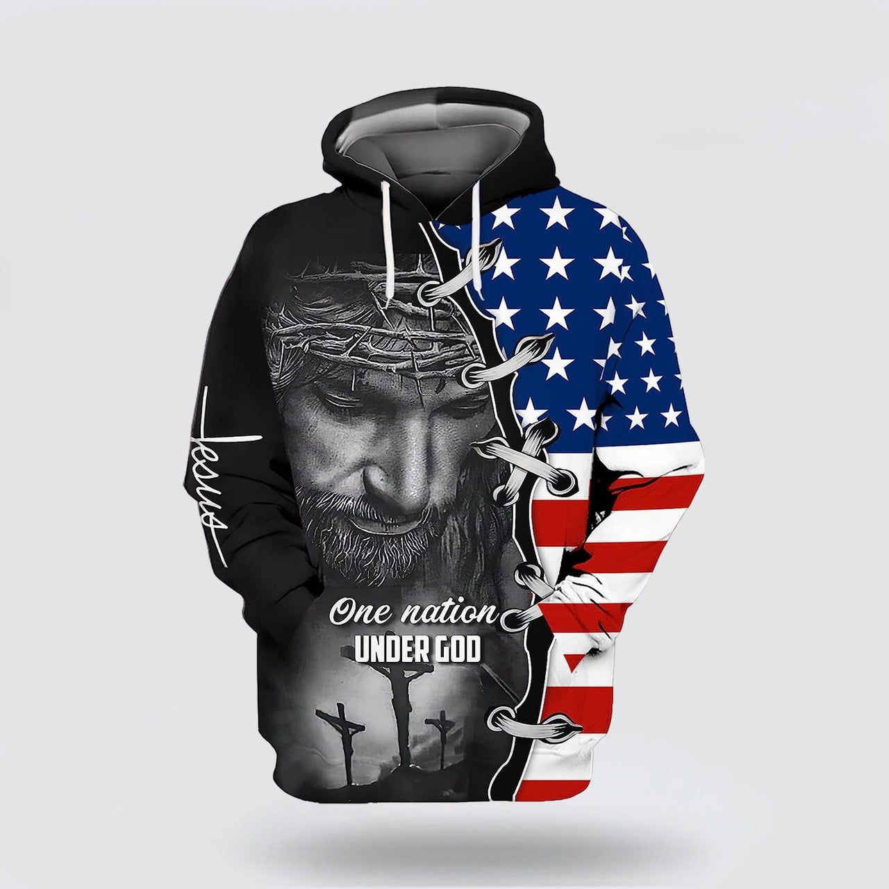 Three Crosses One Nation Under God Jesus Wreath American Flag 3d Hoodies For Women Men - Christian Apparel Hoodies