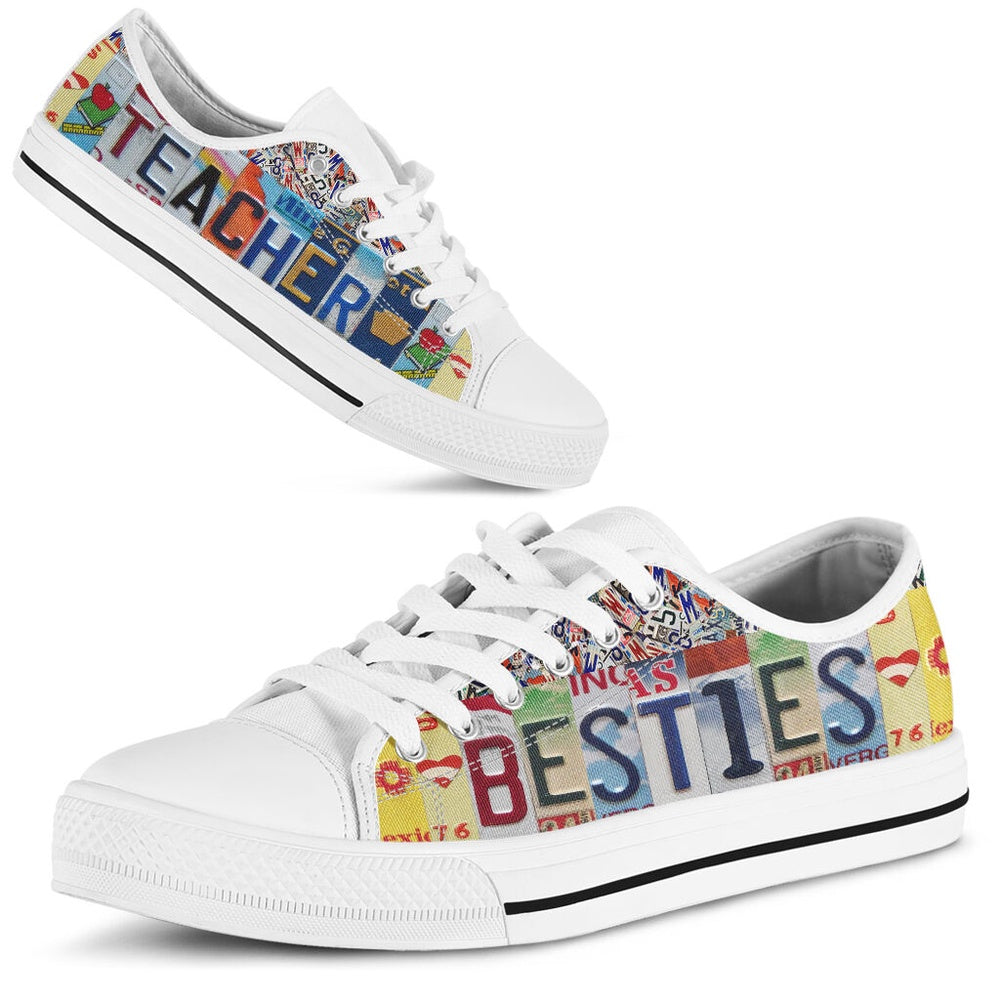 Teacher Besties License Plates Low Top Shoes, Teacher Shoes, Low Top Sneakers