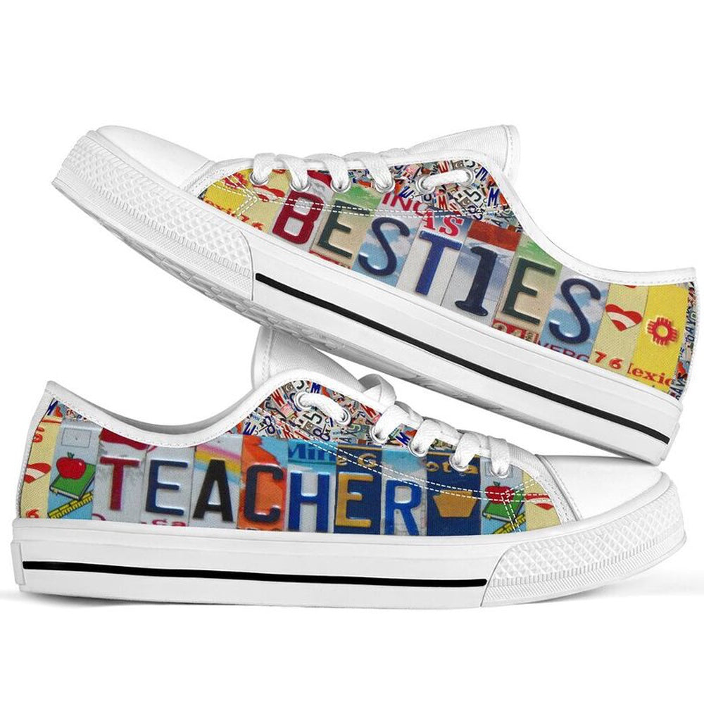 Teacher Besties License Plates Low Top Shoes, Teacher Shoes, Low Top Sneakers