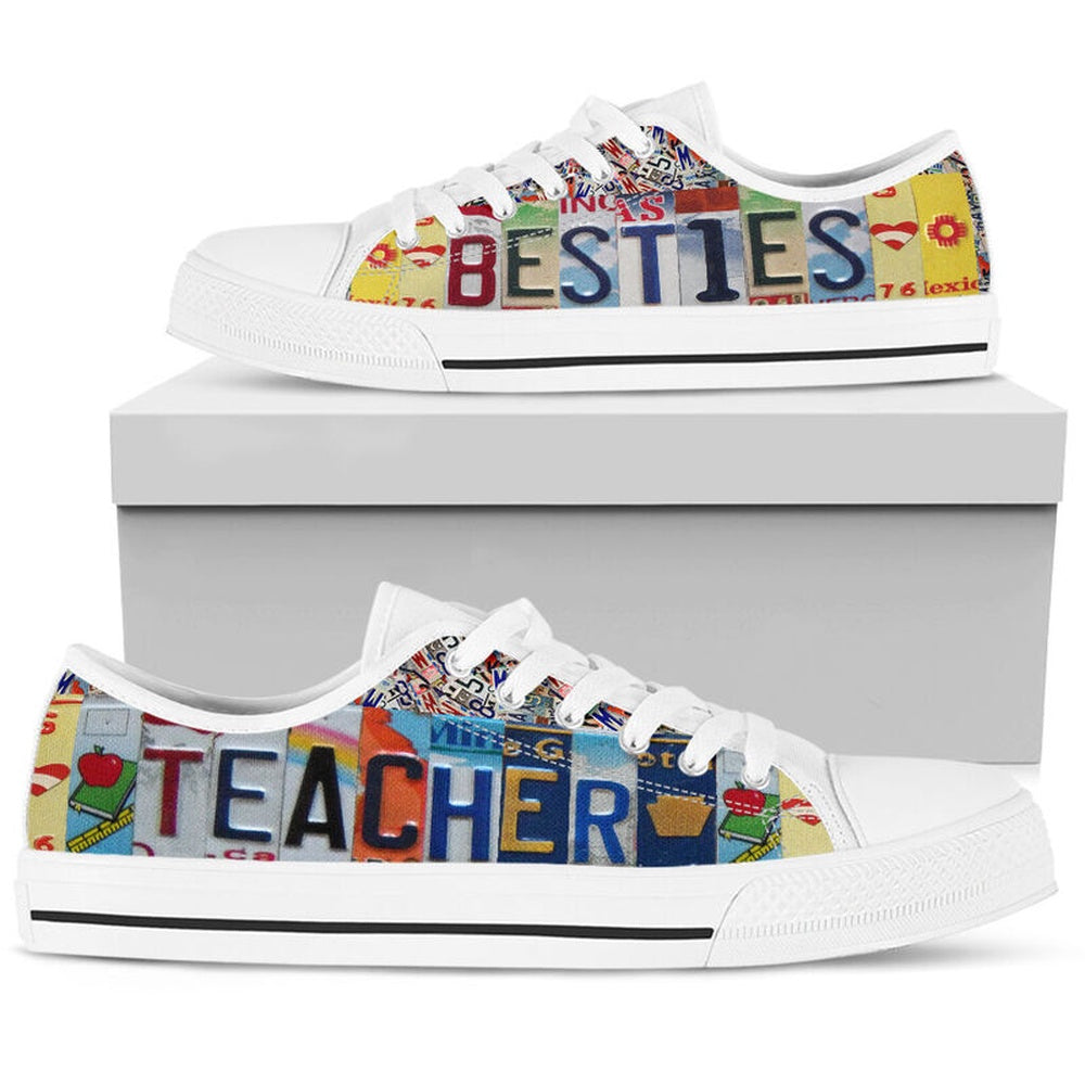 Teacher Besties License Plates Low Top Shoes, Teacher Shoes, Low Top Sneakers