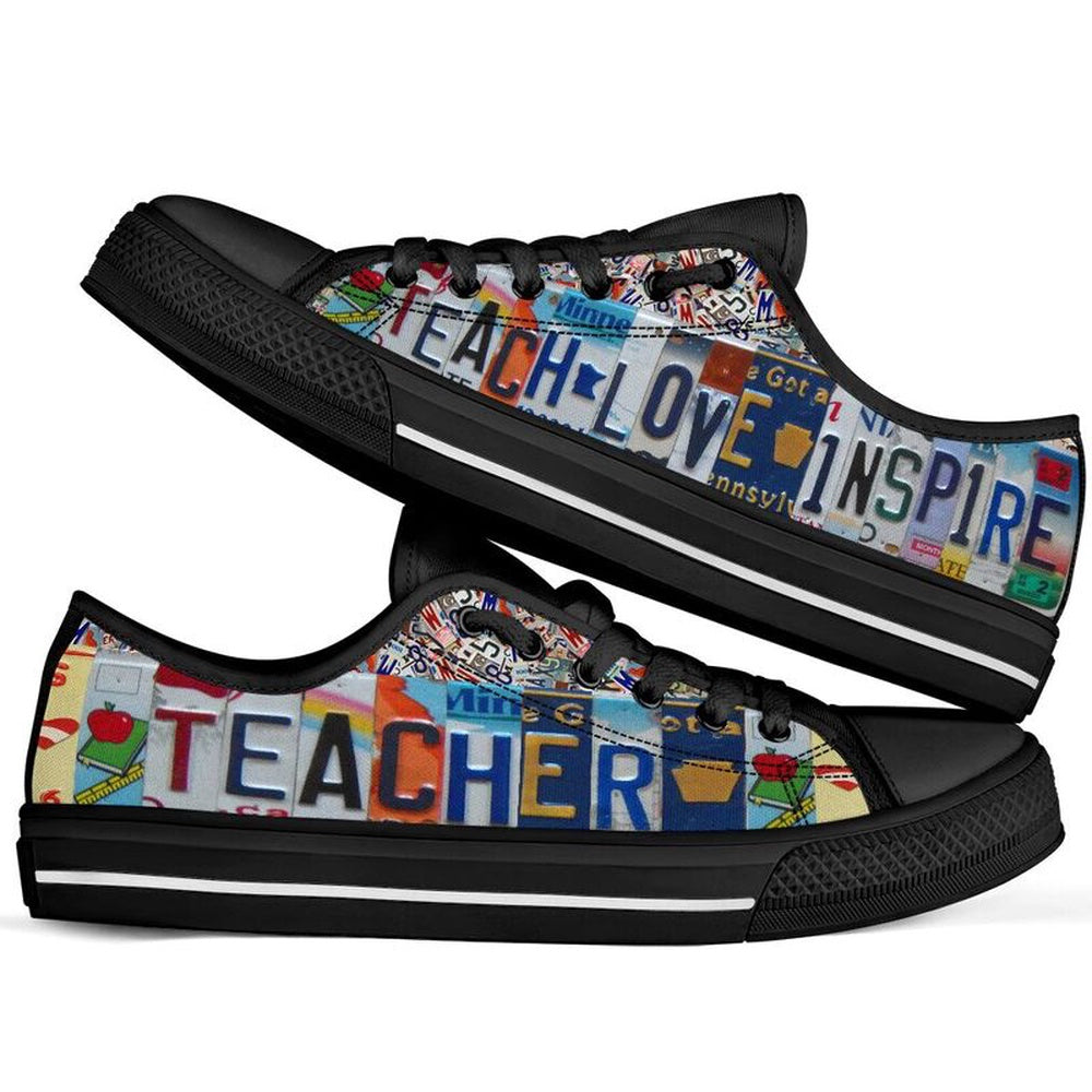 Teacher License Plates Low Top Black Shoes, Teacher Shoes, Low Top Sneakers