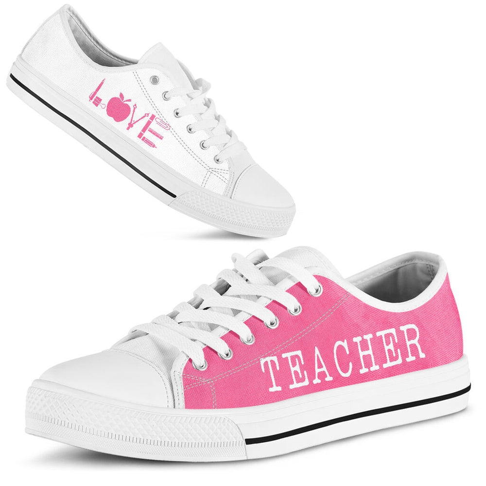 Teacher Love Pink White Shoes, Teacher Shoes, Low Top Sneakers