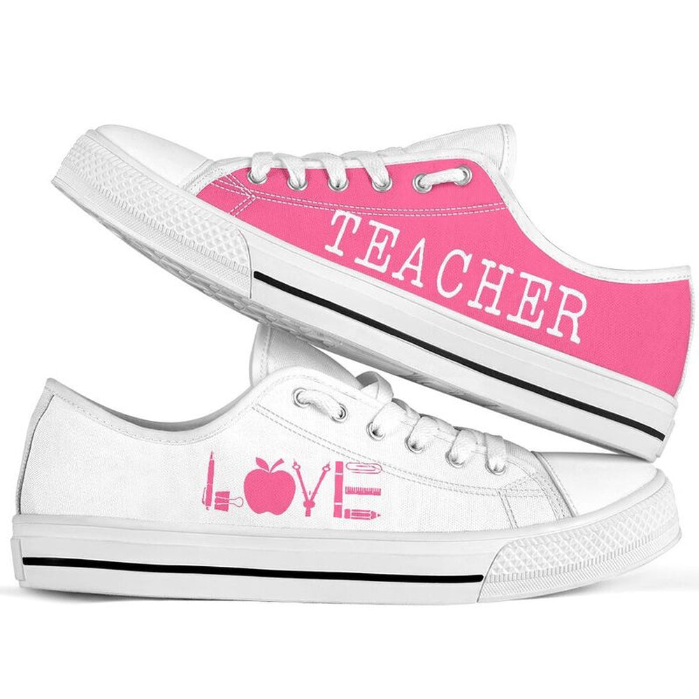 Teacher Love Pink White Shoes, Teacher Shoes, Low Top Sneakers