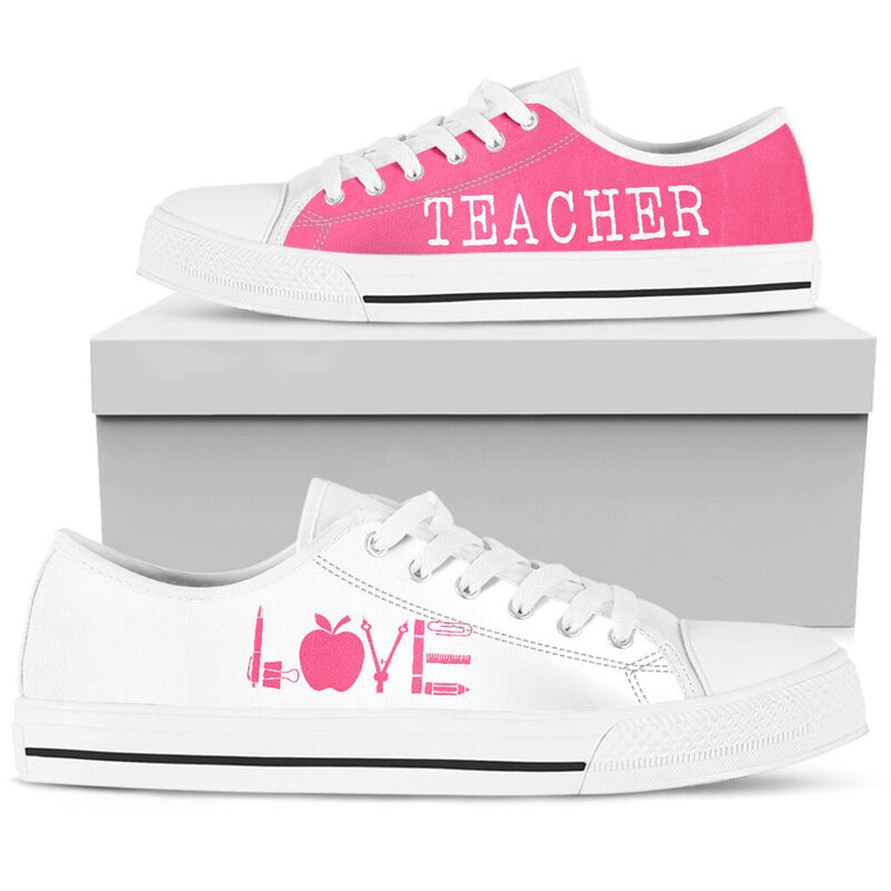 Teacher Love Pink White Shoes, Teacher Shoes, Low Top Sneakers