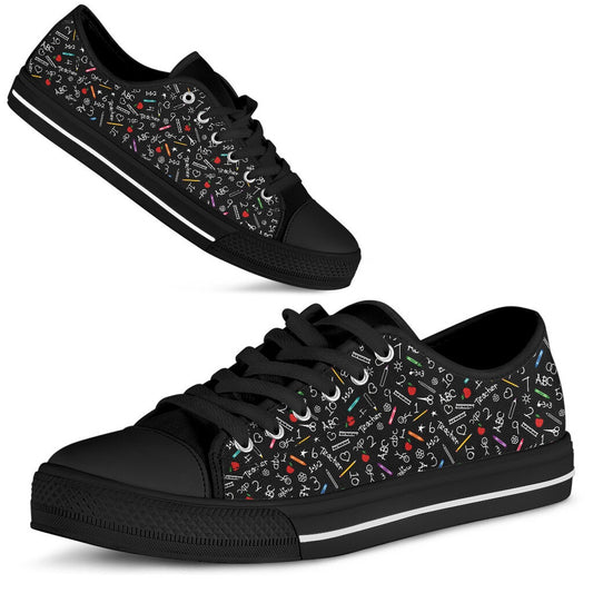 Teacher Pattern Low Top Black Shoes, Teacher Shoes, Low Top Sneakers