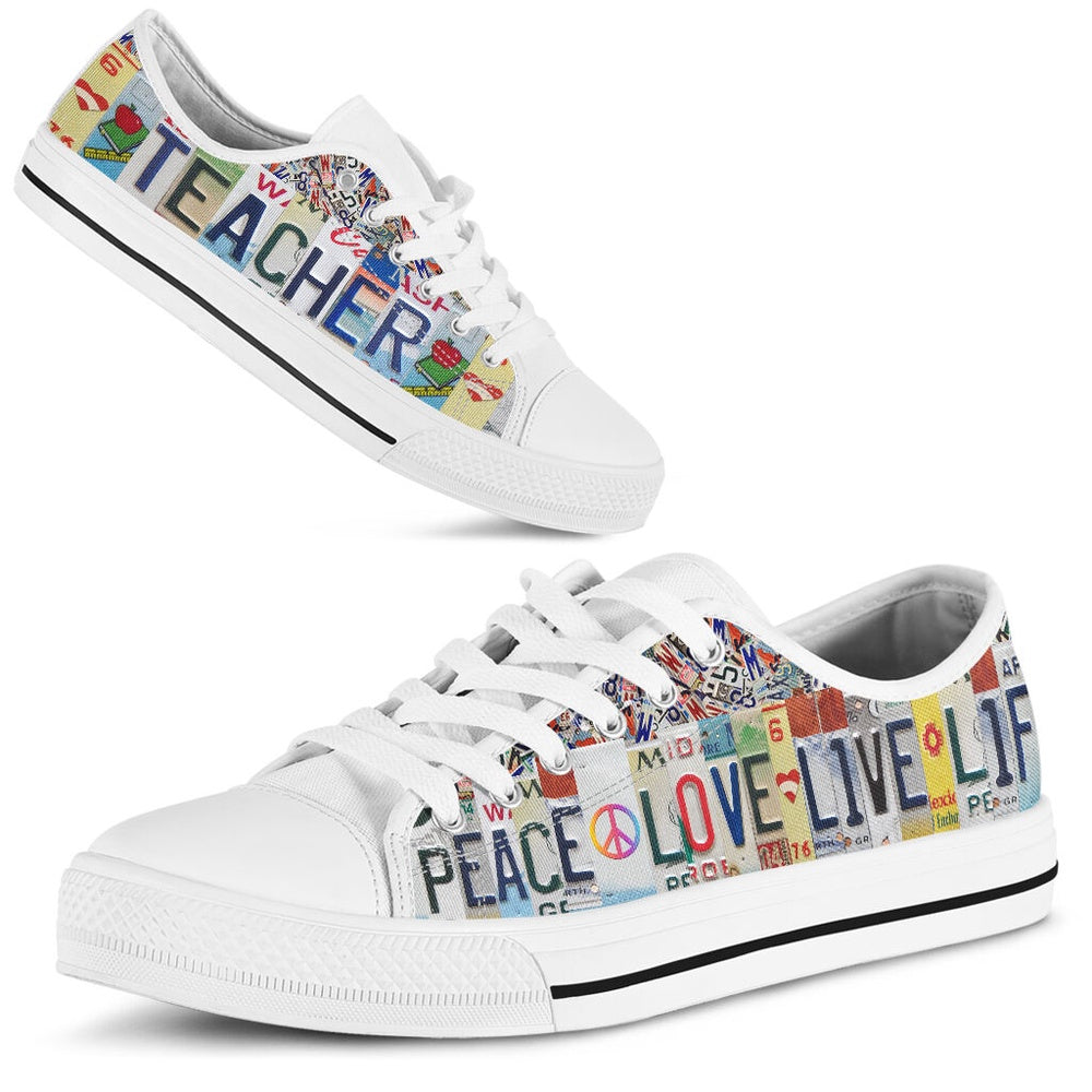 Teacher Peace Live Life License Plates Low Top Shoes, Teacher Shoes, Low Top Sneakers