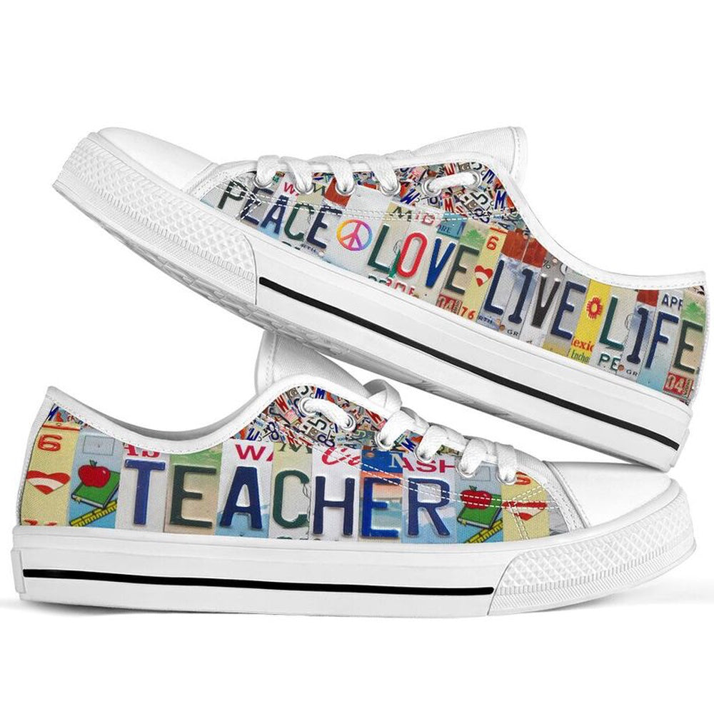 Teacher Peace Live Life License Plates Low Top Shoes, Teacher Shoes, Low Top Sneakers