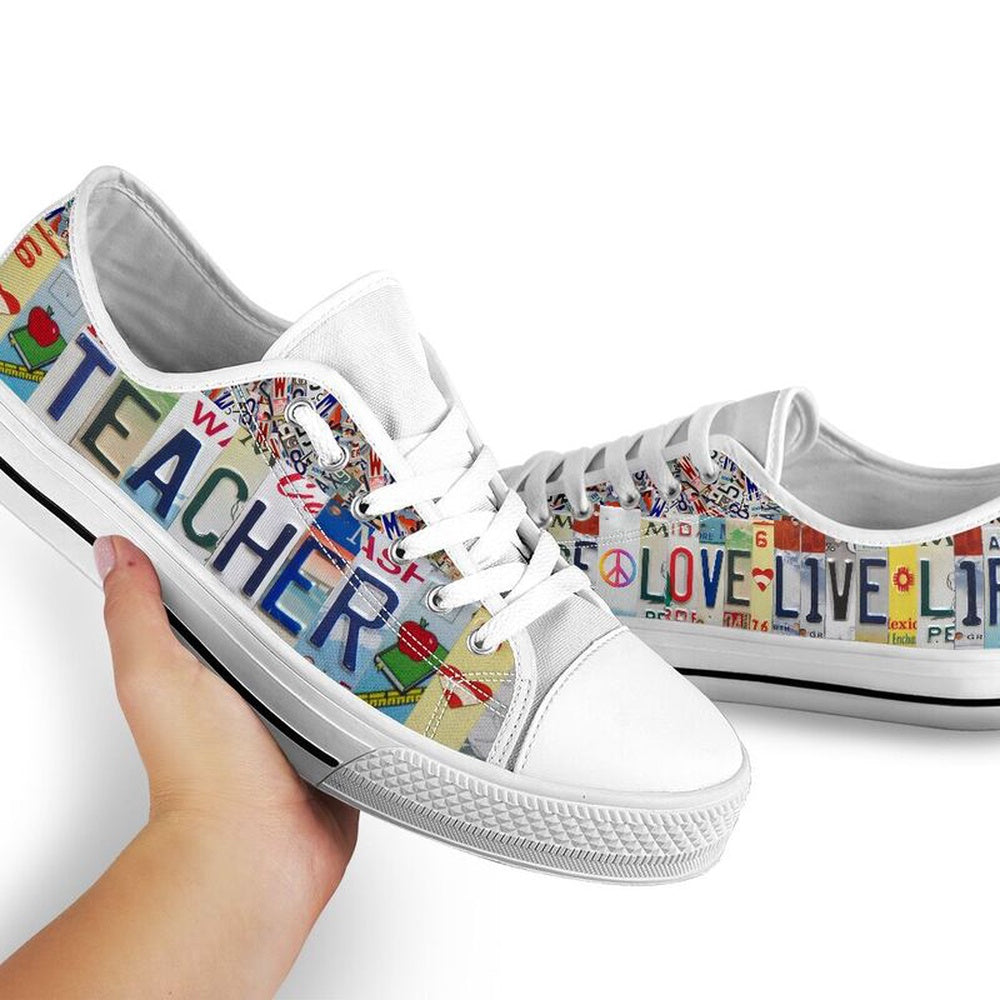 Teacher Peace Live Life License Plates Low Top Shoes, Teacher Shoes, Low Top Sneakers
