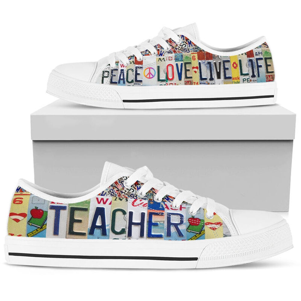 Teacher Peace Live Life License Plates Low Top Shoes, Teacher Shoes, Low Top Sneakers