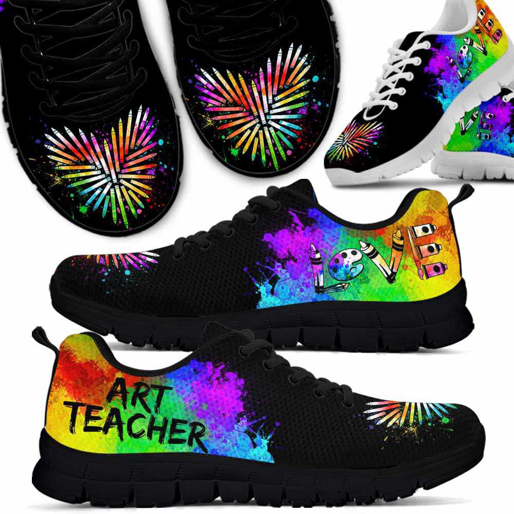 Teacher Sneaker, Art Teacher Watercolor Cloud Pencil Heart Sneaker Shoes, Fun Teacher Shoes