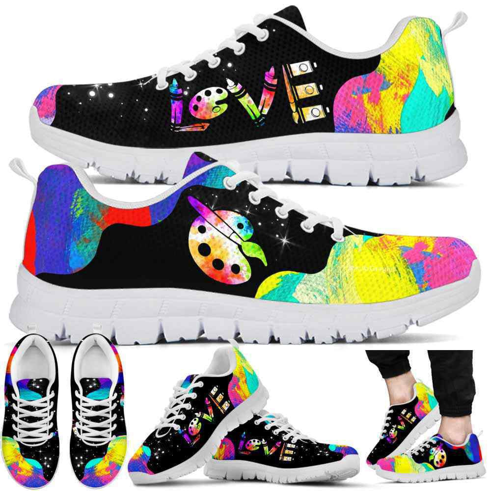 Teacher Sneaker, Art Teacher Watercolor Wave Love Sneaker Shoes, Fun Teacher Shoes