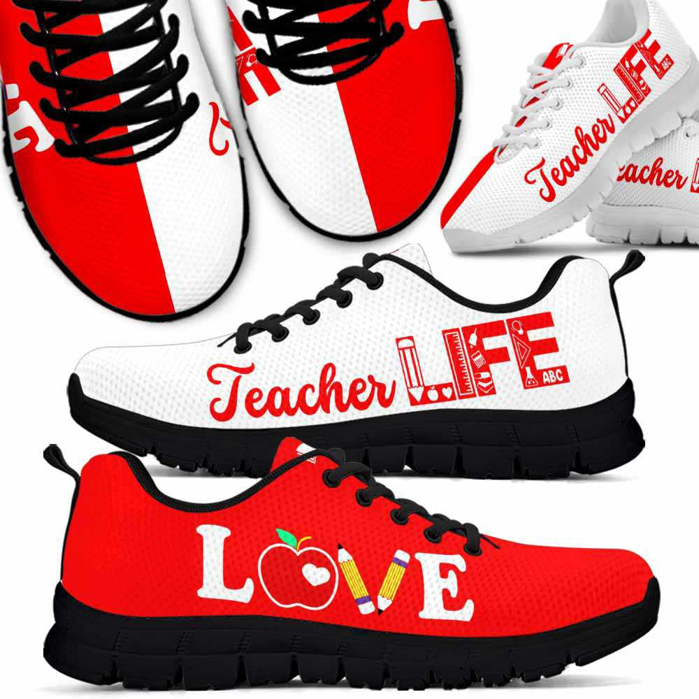 Teacher Sneaker, Red White Teacher Life Sneakers Shoes, Fun Teacher Shoes