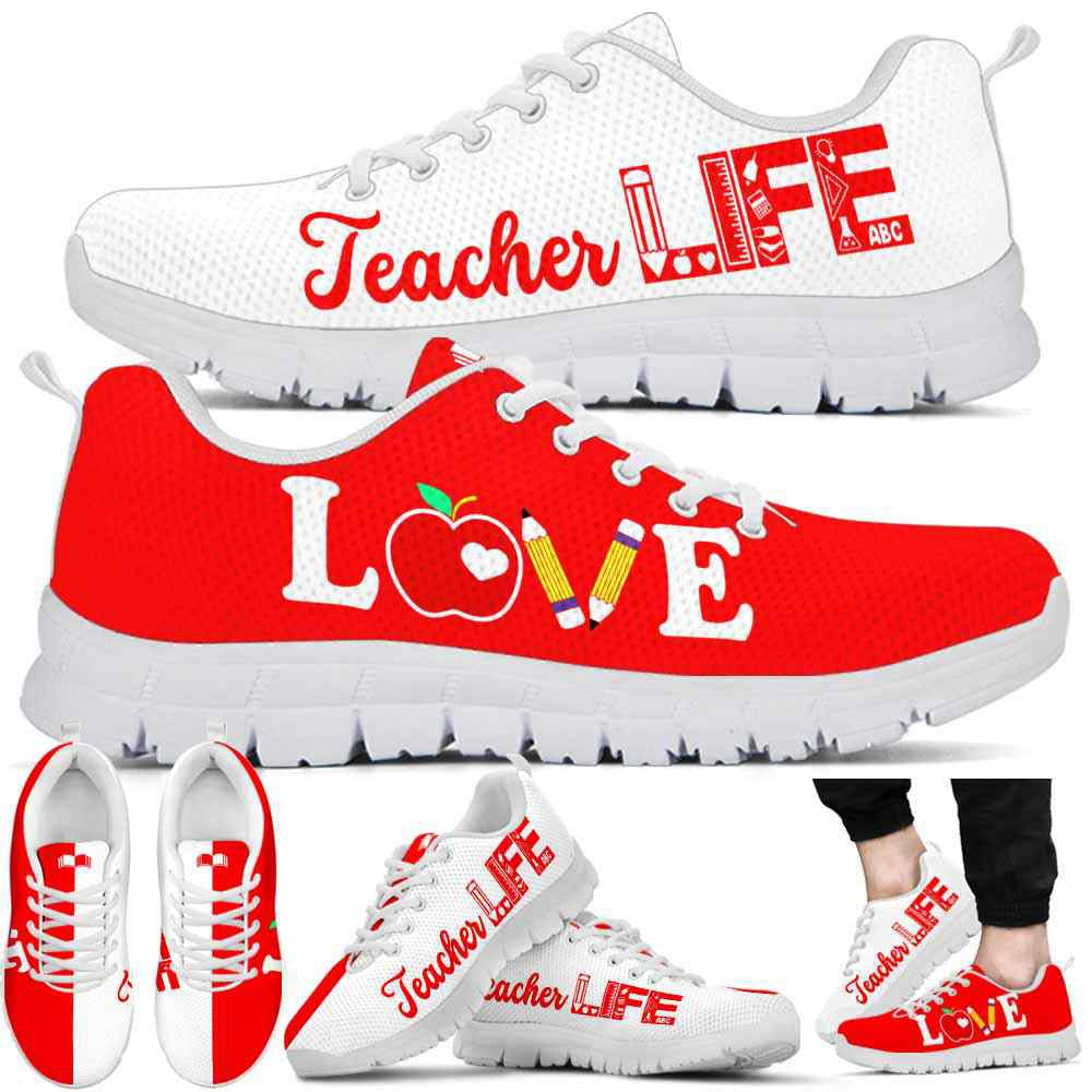 Teacher Sneaker, Red White Teacher Life Sneakers Shoes, Fun Teacher Shoes