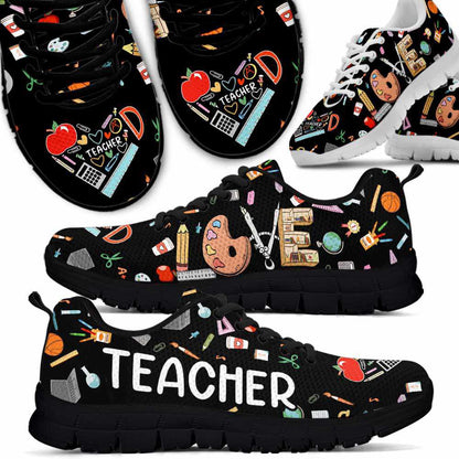 Teacher Sneaker, Teacher Colorful Tools Pattern Love Sneakers Shoes, Fun Teacher Shoes