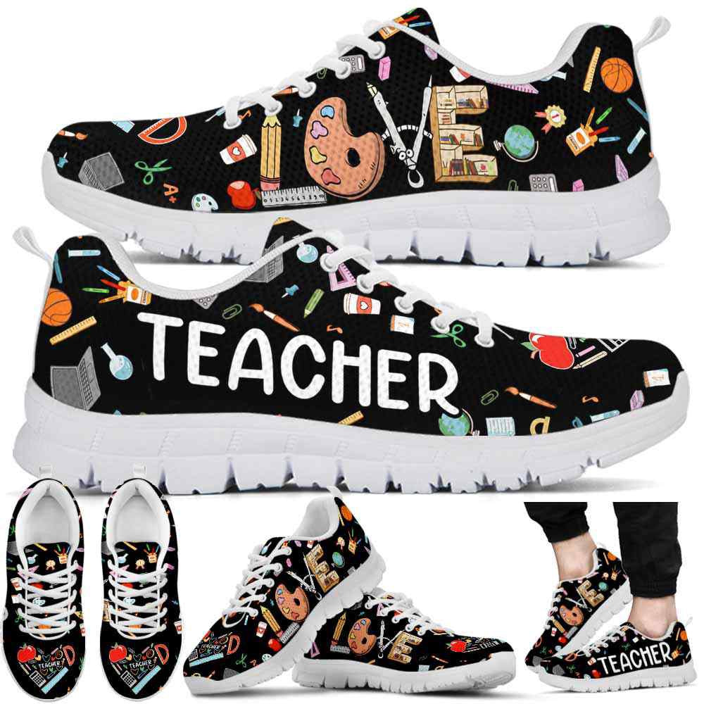 Teacher Sneaker, Teacher Colorful Tools Pattern Love Sneakers Shoes, Fun Teacher Shoes