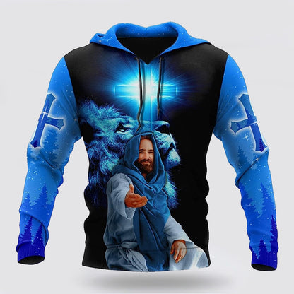 The Cross And The Praying Lion Jesus Focus On Me 3d Hoodies For Women Men - Christian Apparel Hoodies