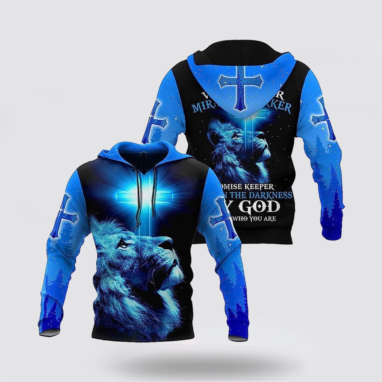 The King Lion Cross Light Blue 3d Hoodies For Women Men - Christian Apparel Hoodies