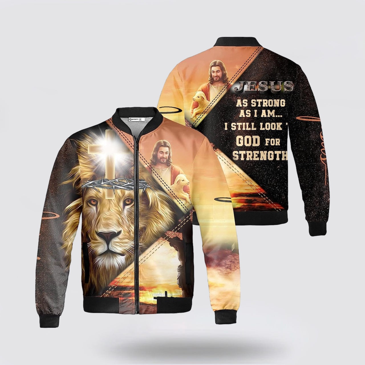 The Lion Cross Jesus As Strong As I Am Bomber Jacket - Christian Bomber Shirts for Men and Women
