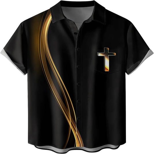 The Cross Gold Christian Hawaiian Shirt - Hawaiian Beach Shirts for Men Women