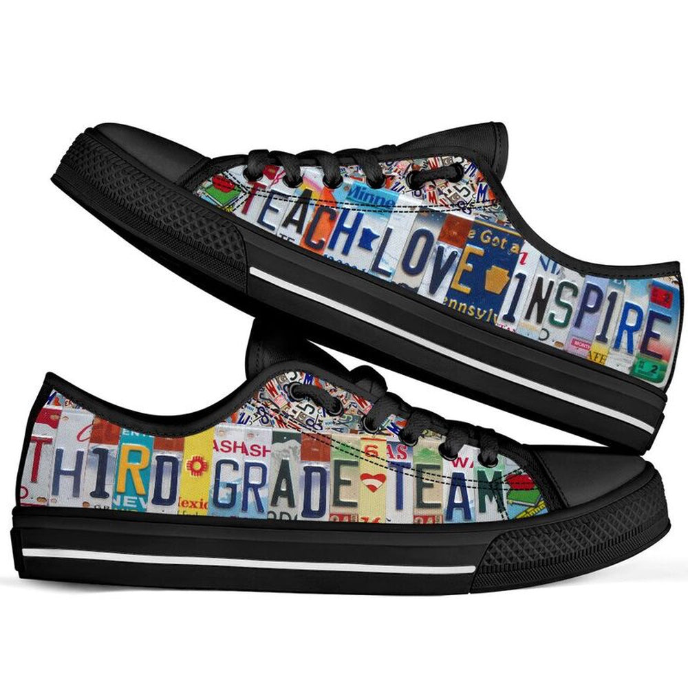 Third Grade Team License Plates Low Top Black Shoes, Teacher Shoes, Low Top Sneakers