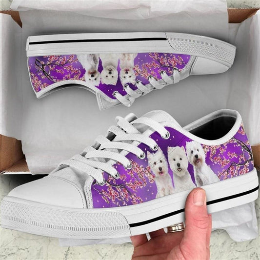 Three Westies Beautiful Cherry Blossom Low Top Shoes, Low Top Sneaker, Low Top Canvas Shoes