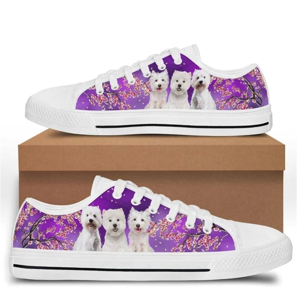 Three Westies Beautiful Cherry Blossom Low Top Shoes, Low Top Sneaker, Low Top Canvas Shoes