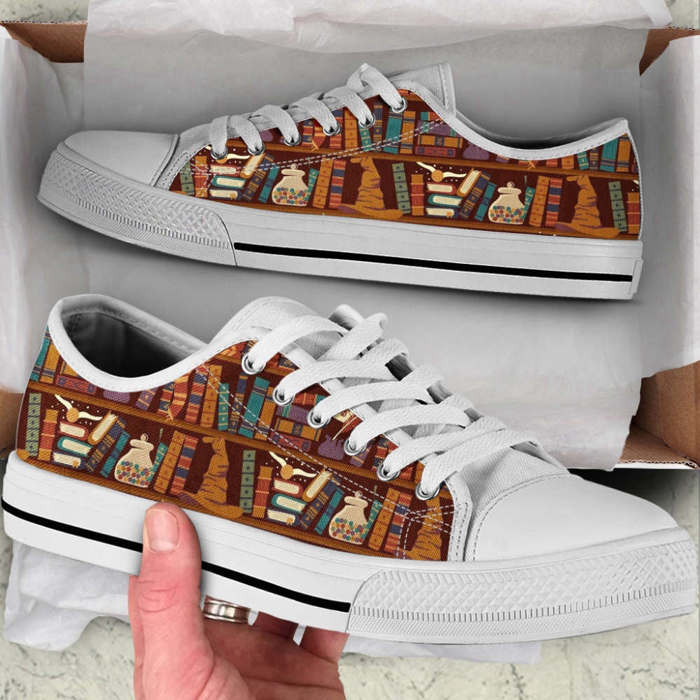 Trendy Canvas Print Lowtop Shoes Bookshelf Hat Low Top Shoes, Canvas Shoes Design, Low Top Sneaker