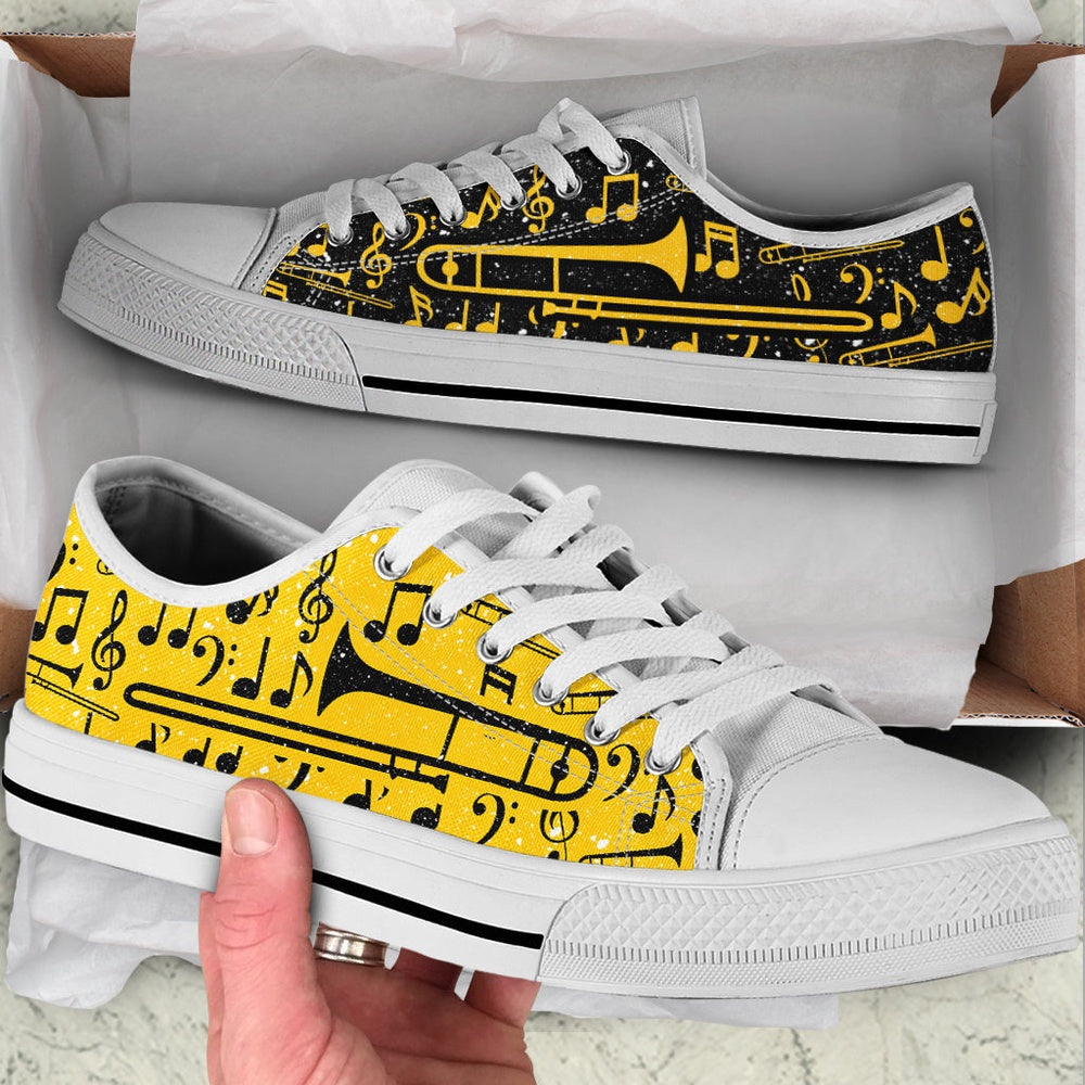 Trombone 2 Color Pattern Low Top Yellow Music Shoes, Canvas Shoes Design, Low Top Sneaker