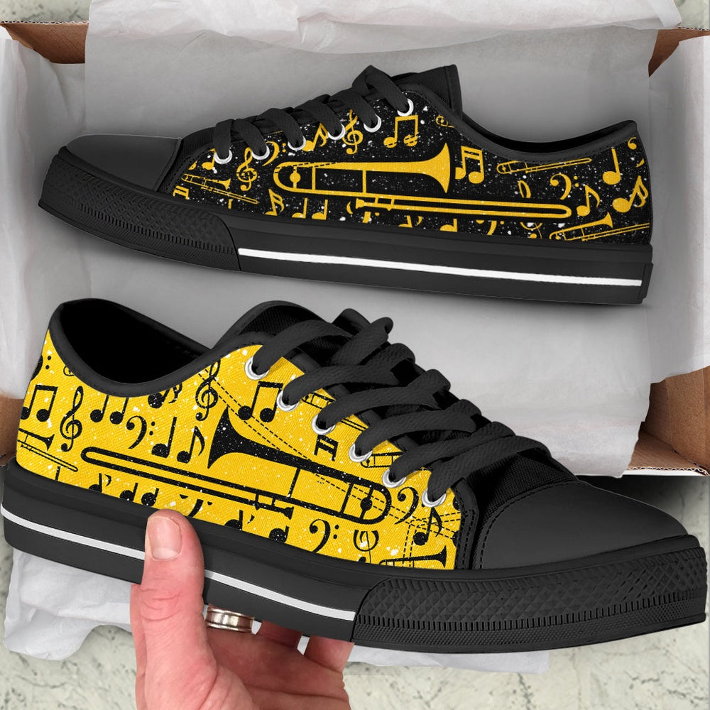 Trombone 2 Color Pattern Low Top Yellow Music Shoes, Canvas Shoes Design, Low Top Sneaker