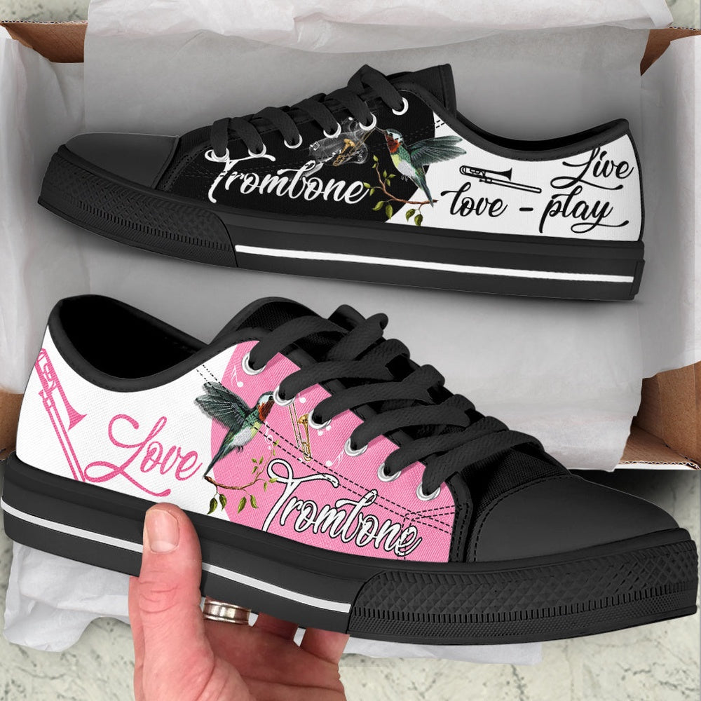 Trombone And Hummingbird Live Love Play Low Top Music Shoes, Canvas Shoes Design, Low Top Sneaker