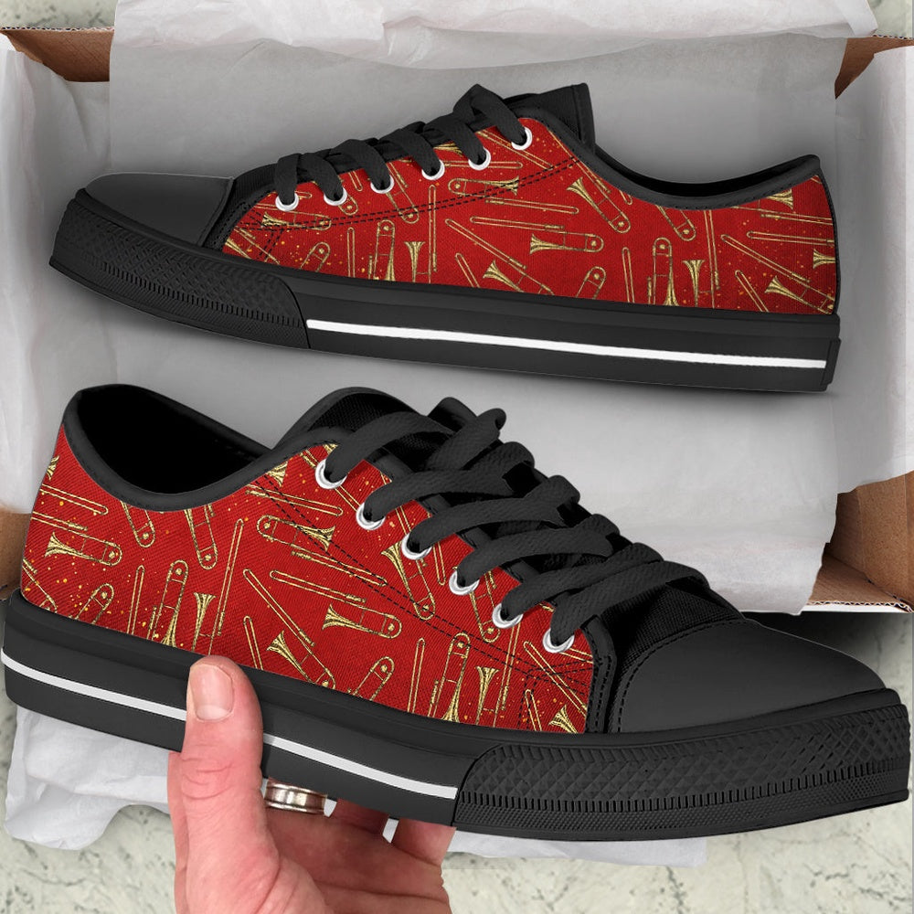 Trombone Glitter Pattern Low Top Music Shoes, Canvas Shoes Design, Low Top Sneaker