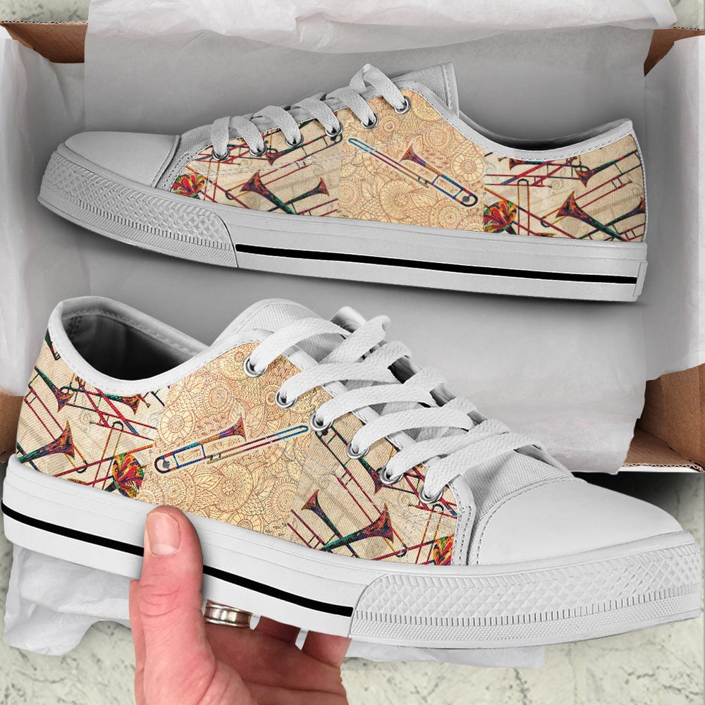 Trombone Hand Painting Low Top Music Shoes, Canvas Shoes Design, Low Top Sneaker