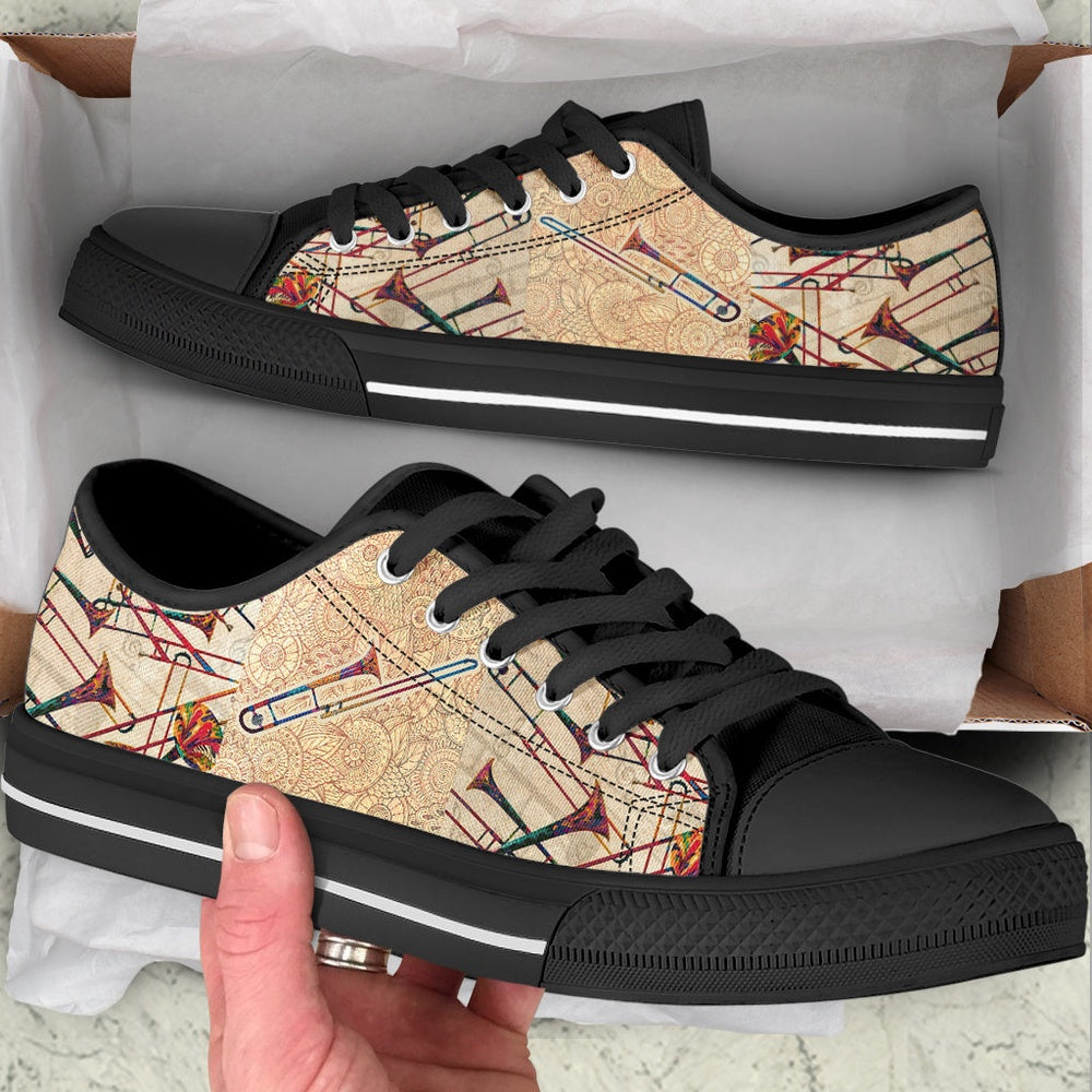 Trombone Hand Painting Low Top Music Shoes, Canvas Shoes Design, Low Top Sneaker