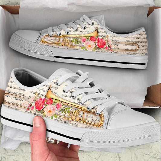 Trombone Music Flower Low Top Music Shoes, Canvas Shoes Design, Low Top Sneaker