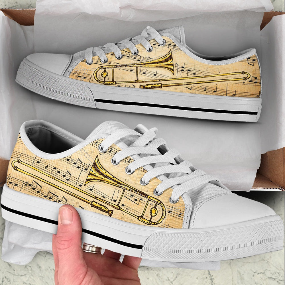 Trombone Old Paper Music Low Top Music Shoes, Canvas Shoes Design, Low Top Sneaker