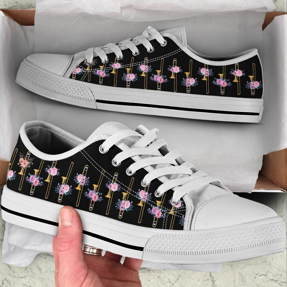 Trombone Pink Flower Low Top Music Shoes, Canvas Shoes Design, Low Top Sneaker