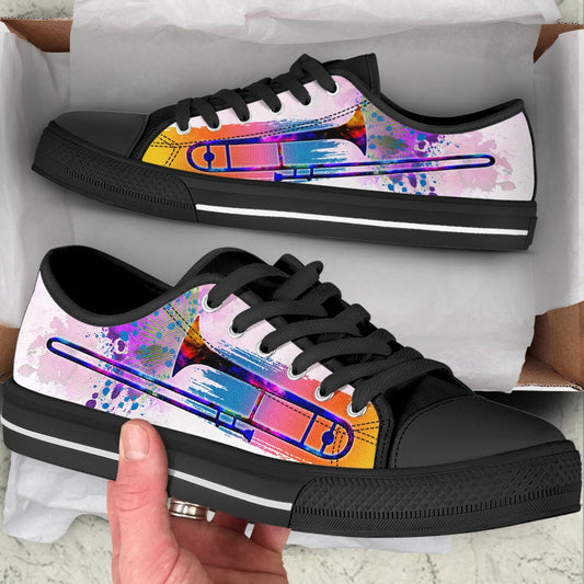 Trombone Splash Watercolor Low Top Music Shoes, Canvas Shoes Design, Low Top Sneaker