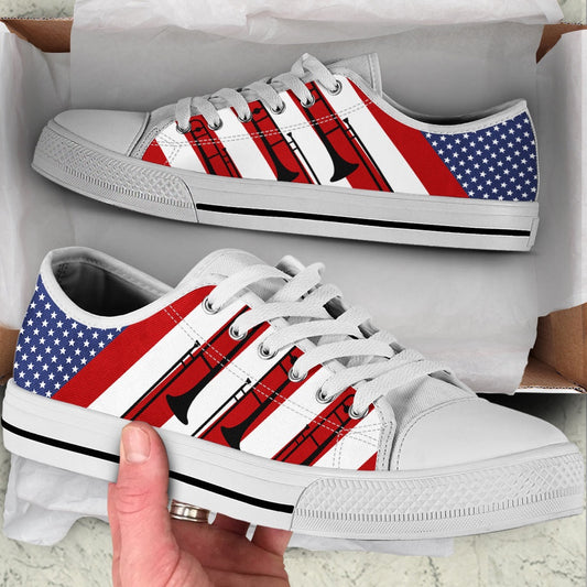 Trombone Usa Flag Low Top Music Shoes, Canvas Shoes Design, Low Top Sneaker