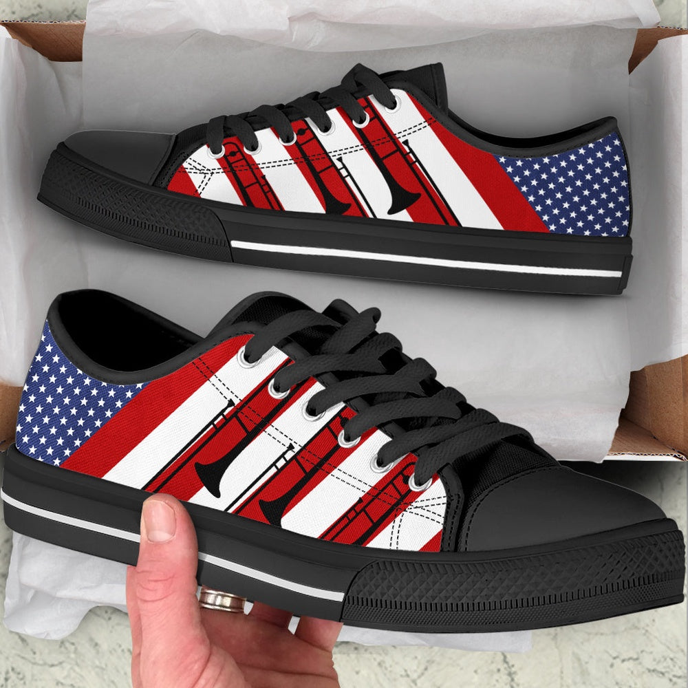 Trombone Usa Flag Low Top Music Shoes, Canvas Shoes Design, Low Top Sneaker