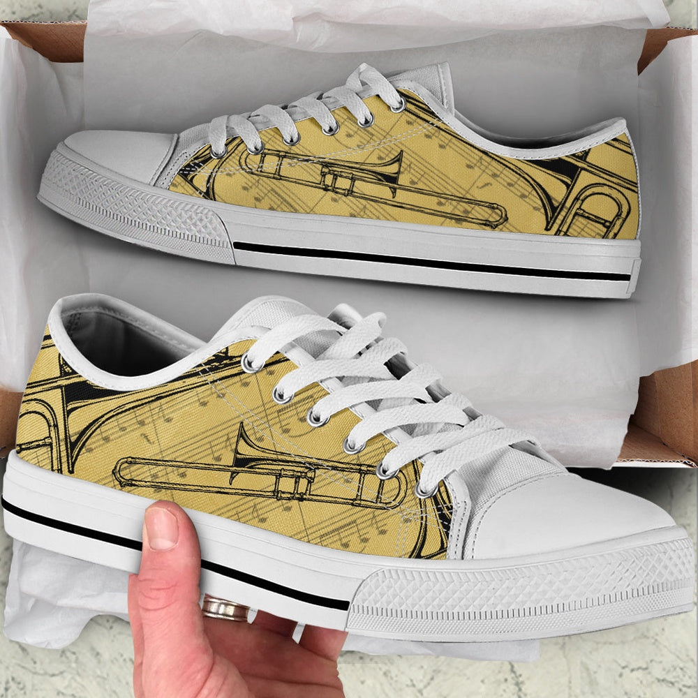 Trombone Vintage Art Low Top Music Shoes, Canvas Shoes Design, Low Top Sneaker