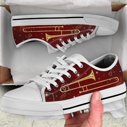Trombone Vintage Retro Background Low Top Music Shoes, Canvas Shoes Design, Low Top Sneaker