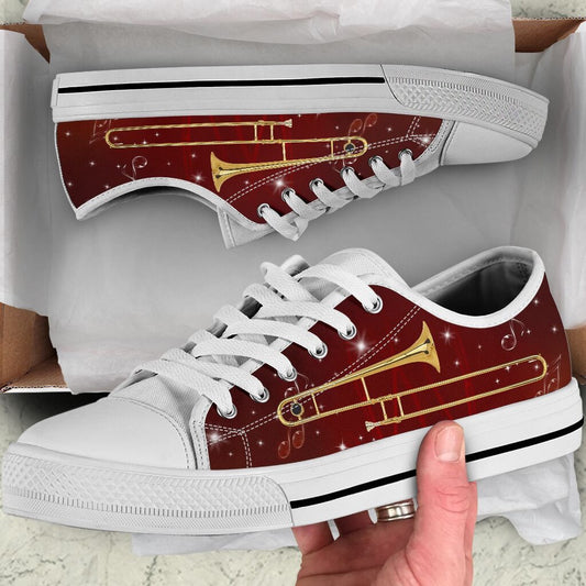 Trombone Vintage Retro Background Low Top Music Shoes, Canvas Shoes Design, Low Top Sneaker