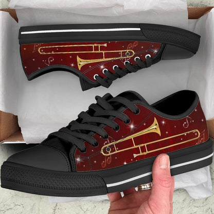 Trombone Vintage Retro Background Low Top Music Shoes, Canvas Shoes Design, Low Top Sneaker