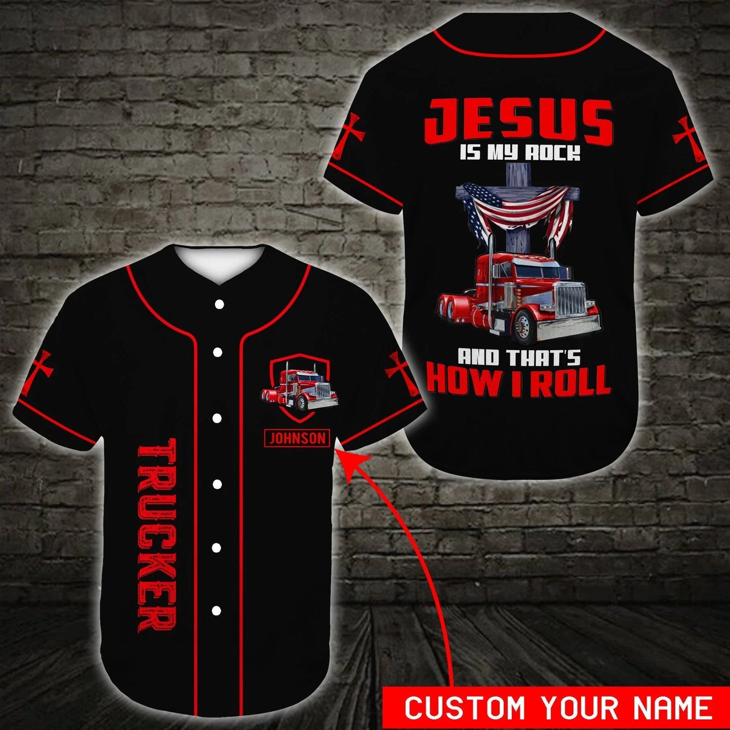 Trucker Jesus Is My Rock Cross Custom Baseball Jersey - Personalized Jesus Baseball Jersey For Men and Women